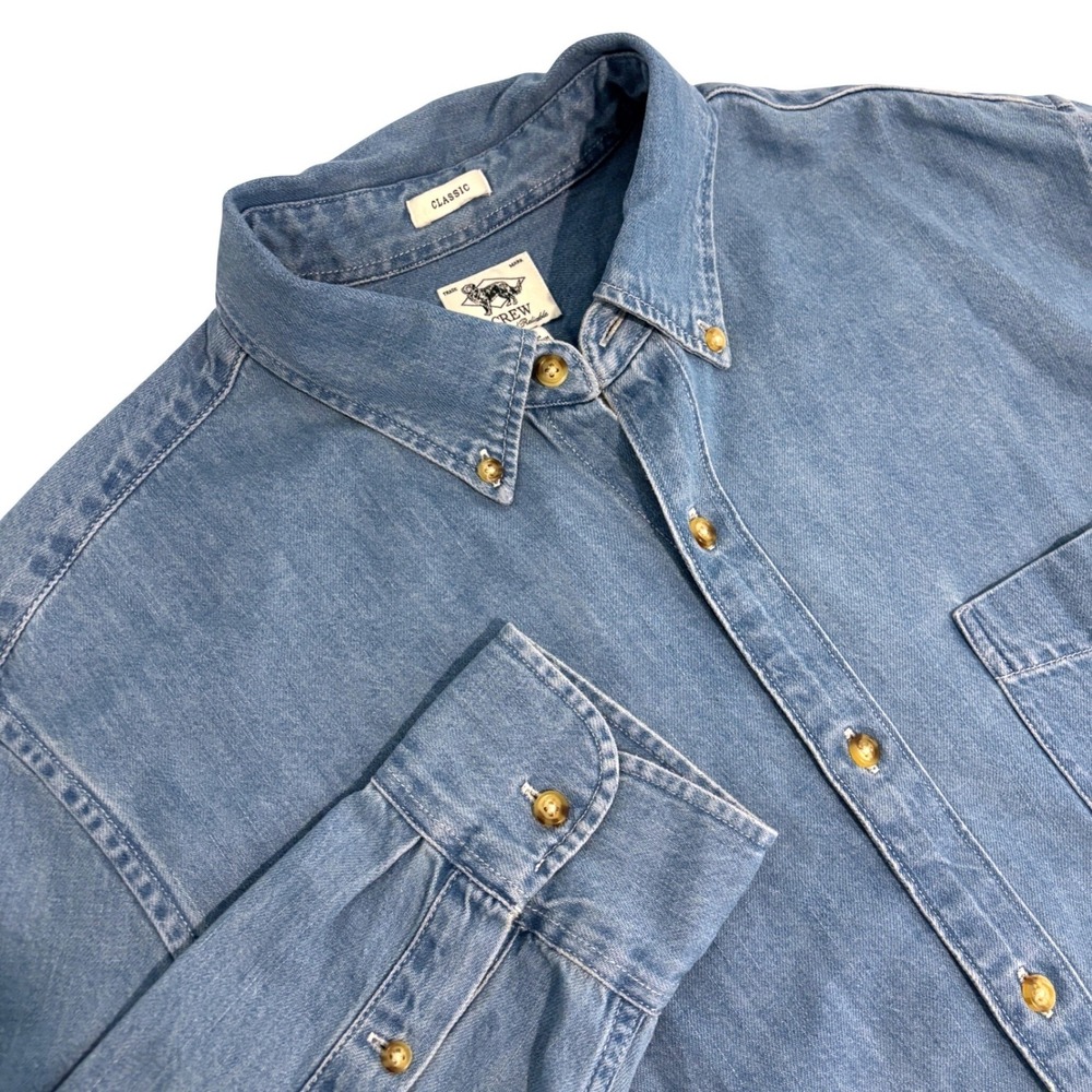 New J.Crew Blue Denim Shirt Mens L Classic Long Sleeve Button Down Chest Pocket